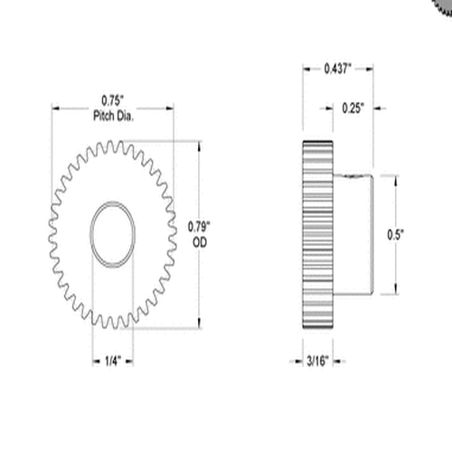 Second image of Metal Gear - 20 Degree Pressure Angle Round Bore with Set Screw, 48 Pitch, 36 Teeth