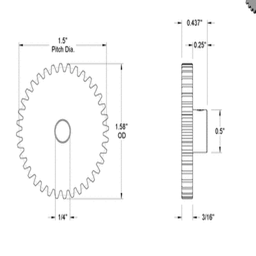 Second image of Metal Gear - 20 Degree Pressure Angle Round Bore with Set Screw, 24 Pitch, 36 Teeth